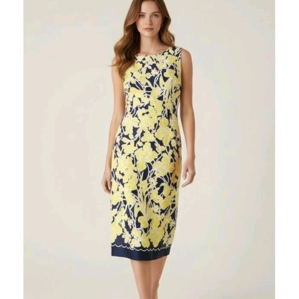 Shelby‎ & Palmer Navy Yellow Floral Scalloped Hem Sheath Dress Size 6